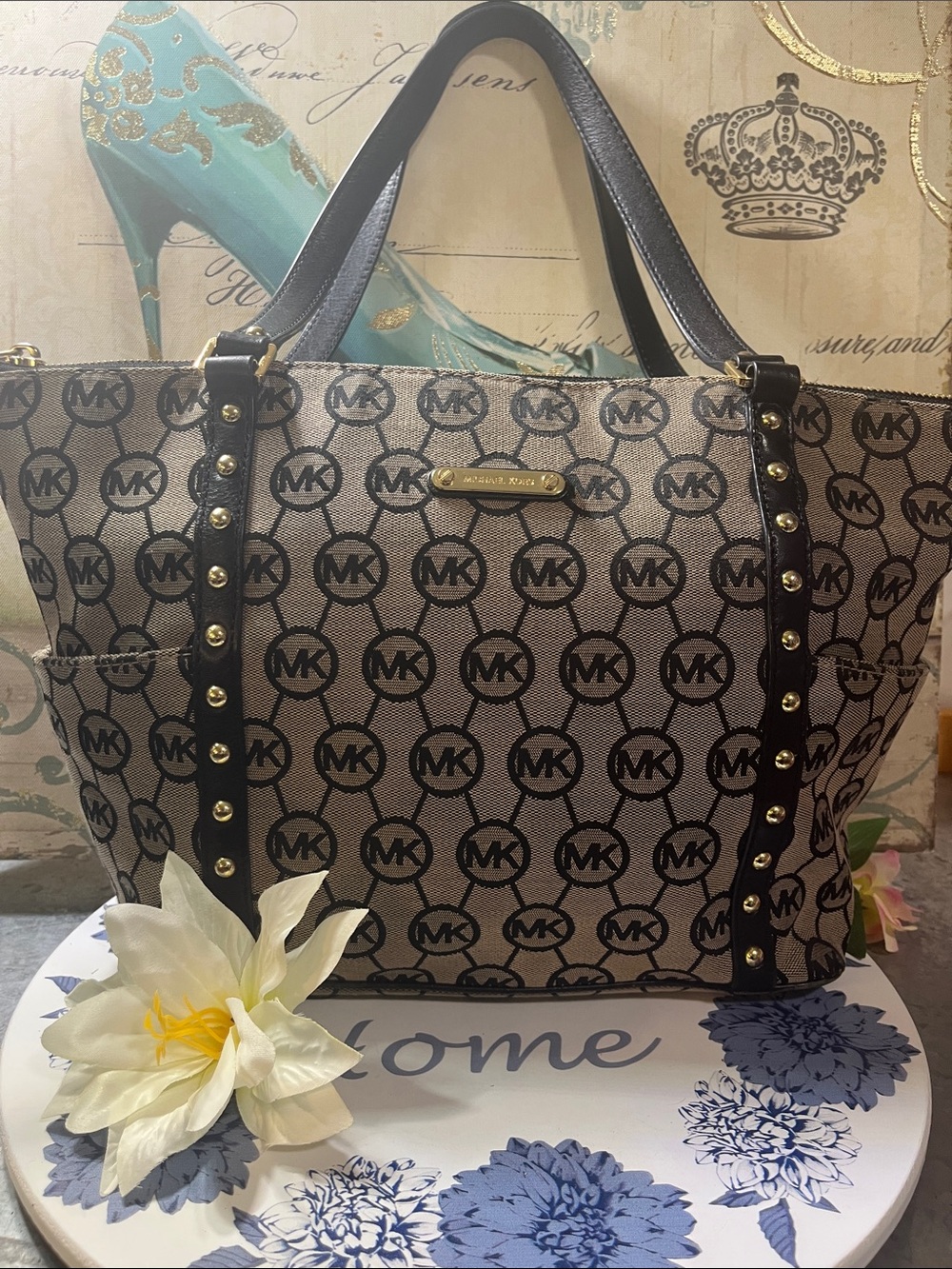 Michael Kors Brown and Black MK Logo Studded Tote
